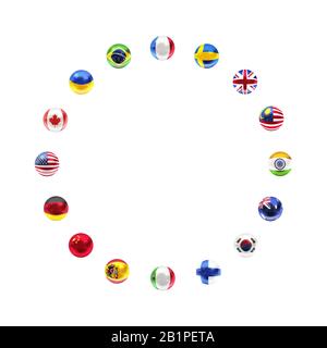 Sphere shaped flags of sovereign states arranged in circle frame on a white background Stock Vector
