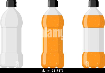 Plastic bottle set empty with orange soda beverage and label. Carbonated drink with bubbles in tare flat isolated vector illustration Stock Vector