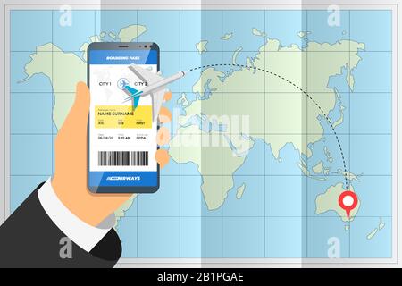Hand holding smartphone with mobile app ordering flight ticket and airplane route on destination location pin above folded world map. Business tourism online boarding pass booking vector concept Stock Vector