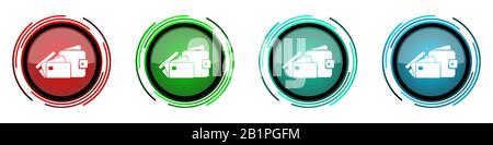 Wallet and credit cards round glossy vector icons, business set of buttons for webdesign, internet and mobile phone applications in four colors option Stock Vector