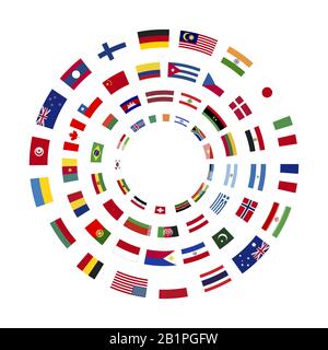 A lot of flags of sovereign states arranged in four circles isolated on white background Stock Vector