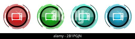Retro television round glossy vector icons, tv and video screen set of buttons for webdesign, internet and mobile phone applications in four colors op Stock Vector