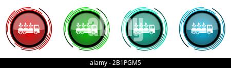 Truck round glossy vector icons, plants and trees delivery set of buttons for webdesign, internet and mobile phone applications in four colors options Stock Vector