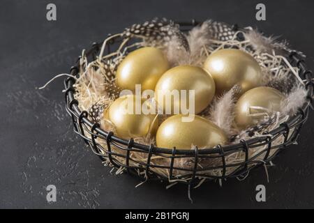 Chicken colored golden eggs in decorative vase on black background. Easter dark concept. Close up and copy space. Stock Photo