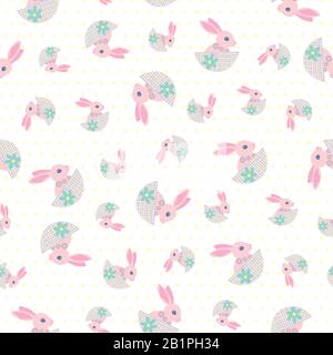 Easter bunny seamless vector pattern background. Decorated folk art rabbits on polka dot backdrop. Scandinavian style baby hares in nests spring Stock Vector