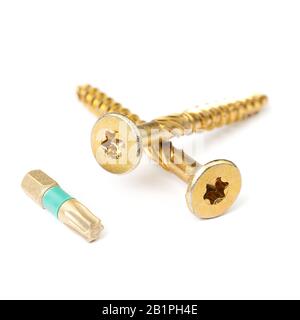 Torx screws with torx bit isolated on white close up Stock Photo