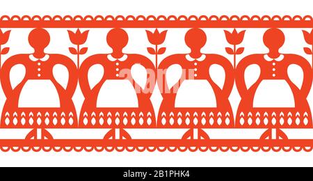 Polish Folk art vector cutout pattern with women, Kurpie Papercuts seamless design - Wycinanka Kurpiowska Stock Vector