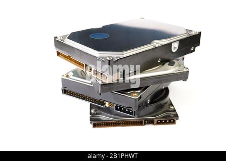 Hdd - SATA 3.5' Hard drive isolated on white. Disassembled hard drive from the computer close up with copy space Stock Photo