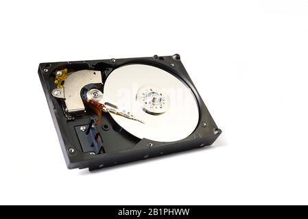 Hdd - SATA 3.5' Hard drive isolated on white. Disassembled hard drive from the computer close up with copy space Stock Photo
