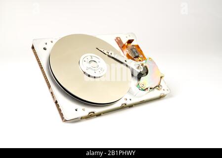 Hdd - SATA 3.5' Hard drive isolated on white. Disassembled hard drive from the computer close up with copy space Stock Photo