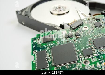 Electronic board can be used as background . Close up of a printed green computer circuit board Stock Photo