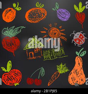 Child drawing with chalk on a black board. Apricot, orange, plum, radish, beetroot, house, fence, sun ladybug apple cherry carrot pear Stock Vector