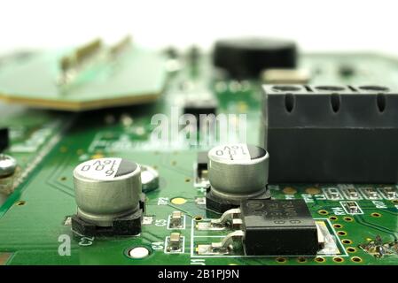 Electronic board can be used as background . Close up of a printed green computer circuit board Stock Photo
