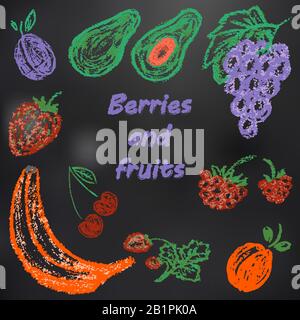Child drawing with chalk on a black board. Bright beautiful fruits. Tasty and healthy. Plum, avocado, grapes, raspberries, strawberries, cherries, str Stock Vector