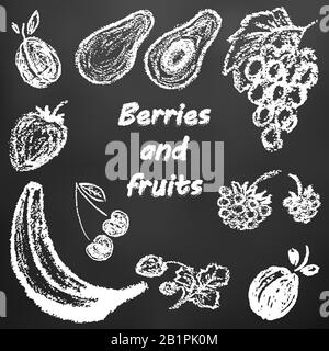 Children's drawing of white chalk on a black board. Bright beautiful fruits. Tasty and healthy. Plum, avocado, grapes, raspberries, strawberries, cher Stock Vector