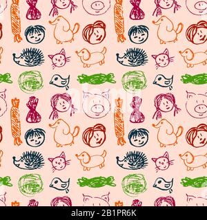 Cute stylish seamless pattern. Draw pictures, doodle. Beautiful and bright design. Interesting images for backgrounds, textiles, tapestries. Faces, sw Stock Vector