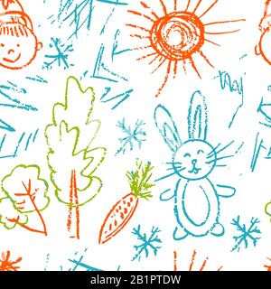 Seamless pattern. Draw pictures, doodle. Beautiful and bright design. Interesting images for backgrounds, textiles, tapestries. Hare, carrot, sun Stock Vector
