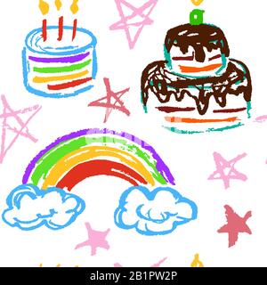 Seamless pattern. Draw pictures, doodle. Interesting images for backgrounds, textiles, tapestries. Rainbow, stars, cake. Birthday Stock Vector