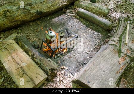 Cooking Tea in Camping Stock Photo