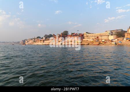 View of Kedar Ghat on the Ganges river in the morning. Varanasi. India Stock Photo