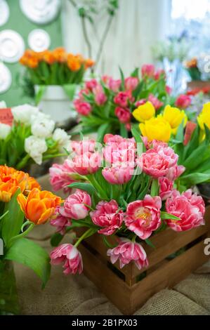 Fresh spring  colorful  tulip flowers. Lot of multicolored tulips bouquets.  Hello Spring and  Woman day concepts Stock Photo