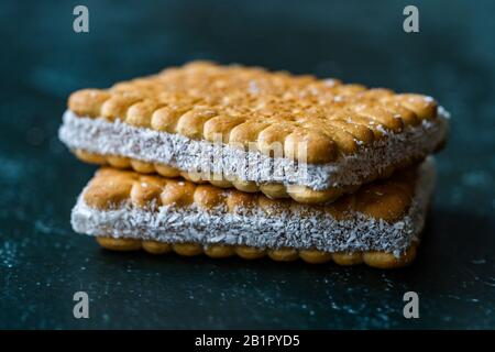 Turkish Delight with Biscuit Sandwich called Kistirma. Traditional Dessert. Stock Photo