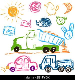 Children's drawings. Elements for the design of postcards, backgrounds, packaging. Printing for clothing. Truck with sand, cars, sun, faces Stock Vector