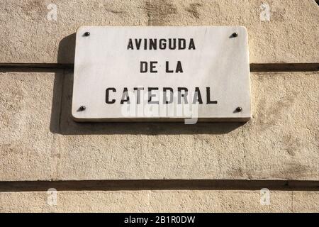 Avinguda de la Catedral - street sign in Barcelona, Spain. Barri Gotic district. Stock Photo
