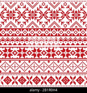 Scottish Fair Isle style traditional knitwear vector seamless pattern, retro Shtelands knit repetitive design with snowflakes in dark red Stock Vector