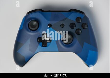 Blue modern game pad close up view isolated Stock Photo