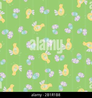 Easter chick seamless vector pattern background. Cute decorated folk art bird and eggs illustration. Scandinavian style baby chickens and spring Stock Vector