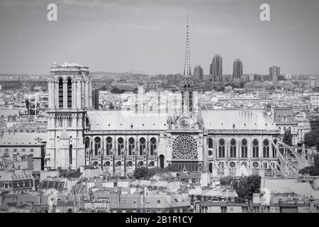 Paris, France - aerial city view with Notre Dame cathedral. UNESCO World Heritage Site. Black and white tone - retro monochrome style. Stock Photo