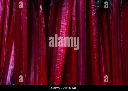 Fresh raw leaves of chard, leaf beets, mangold, swiss chard on a wooden table, close up Stock Photo