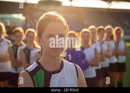 Female hockey player before the match on the field Stock Photo