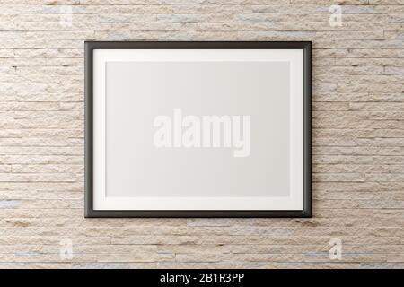 Empty picture frame hanging on brick stone wall with copy space - portfolio, gallery or artwork template mock up - 3D illustration Stock Photo