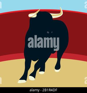 Brave bull waiting in plaza. Vector illustration. Stock Vector