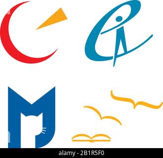 Vector illustration of four logos satellite, education, cat books Stock Vector