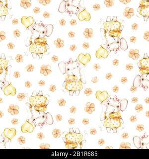 Watercolor cute nursery naive handpainted seamless pattern. Girl elephant, Yellow flowers, balloon. Newborn Hand painted print Stock Photo