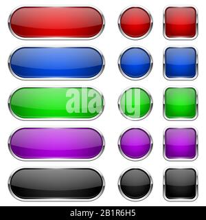 Web buttons. Colored shiny icons with chrome frame Stock Vector