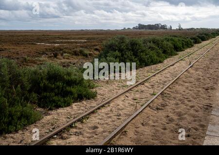 Train tracks for the mini train at Pedras del Rei station departing for Barril beach at Ilha de Tavira lets visitors forgo the 1km walk to Anchor Ceme Stock Photo