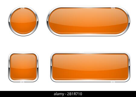Web buttons. Orange shiny icons with chrome frame Stock Vector