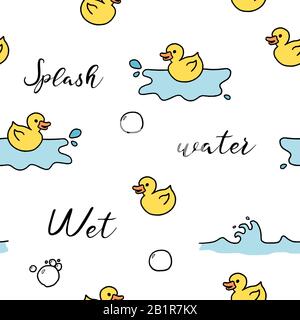 Bath fun background - seamless pattern with doodle rubber toy ducks. Stock Vector
