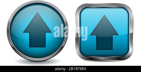 Blue buttons. Upload glass icons with chrome frame Stock Vector