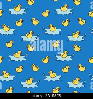 Yellow rubber ducky bath toy. Doodle style seamless texture. Stock Vector