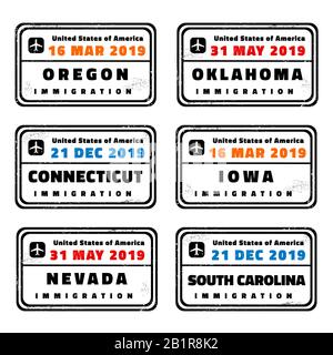 United States vector stamps set: Oregon, Oklahoma, Connecticut, Iowa, Nevada and South Carolina. Stock Vector