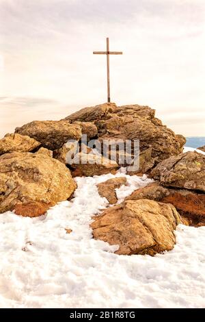 , summit cross of Mount Arber, Germany, Bavaria, Bavarian Forest National Park Stock Photo