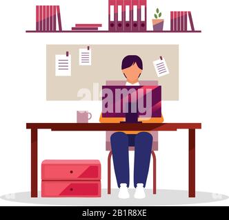 Office worker, employee with laptop flat vector illustration. Man working at desk isolated cartoon character on white background. Manager, designer Stock Vector