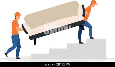 Furniture delivery service flat vector illustration. Warehouse workers carrying sofa cartoon characters isolated on white background. Courier Stock Vector
