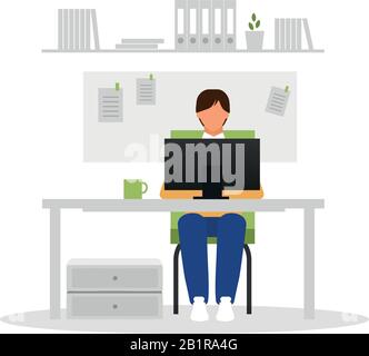Office worker with laptop flat vector illustration. Man working at desk isolated cartoon character on white background. Manager, designer, programmer Stock Vector