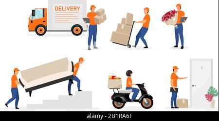 Delivery service workers flat vector illustrations set. Couriers, postman, deliveryman with order, parcel cartoon characters isolated on white Stock Vector